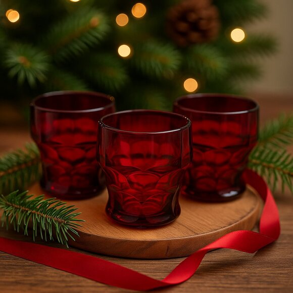 Set of 3 Viking Georgian Ruby Old Fashioned Whiskey Tumblers – 2.75" Vintage Red - Picture 4 of 4